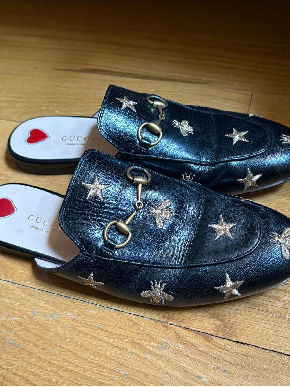 Gucci Black Leather Horsebit Backless Loafers with Gold Embroidered Stars & Bees